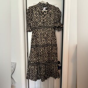 Gretchen Scott Designs Black and Tan One Shoulder Ruffled Sundress